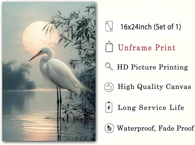 White Heron Wall Art Watercolor Heron Print Vintage Crane Bird Pictures Japanese Crane Painting Watercolor Bird Artwork Sunset Abstract Wall Art Coastal Living Room Decor 16x24inch No Frame