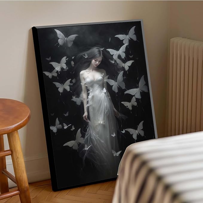 JFHCQJPK Vintage Gothic Feminine Canvas Wall Art Print Butterfly Poster Moody Female Wall Art Retro Artwork Dark College Decor for Home Bedroom24x36in Metal blackFramed