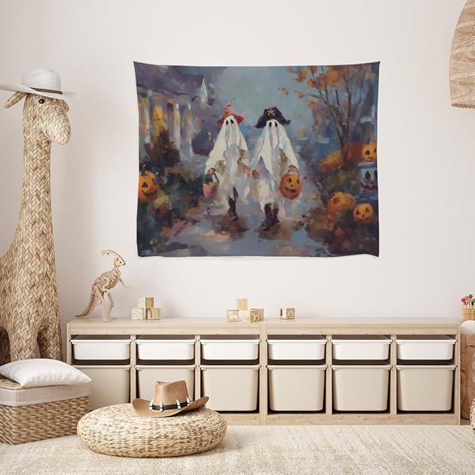 Funny Halloween Ghost Tapestry Wall Hanging Cute Kids Nursery Room Decor Trick or Treat Art Print Goth Fall Pumpkin Ghost Tapestries for Living Room Bedroom wall Decor 60x80inch