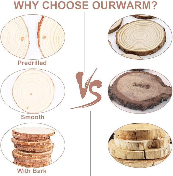 AerWo Natural Wood Slices Christmas Ornaments, 50 Pcs 2.7-3.1 Inches Small Wood Slices with Holes, Round Plain Wooden Circle Ornaments Blanks for DIY Crafts Unfinished Xmas Wooden Ornament