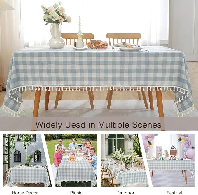 JIALE Gingham Tablecloth Rectangle Cotton Linen Fabric Checkered Table Cloth with Tassel Washable Wrinkle Free Buffalo Plaid Table Cover for Easter Party Outdoor Picnic Kitchen Dining, Blue, 55x75