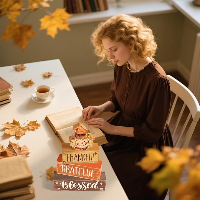 4 Pcs Fall Thanksgiving Decor for Home Sunflower Scarecrow Wooden Sign with Sayings Fall Scarecrow Tiered Tray Decor Blessed Tabletop Centerpiece Maple Leaf Block Signs for Autumn Office Kitchen Shelf