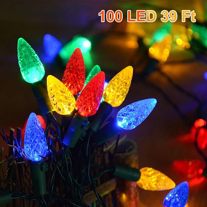 HUGSVIK 39Ft 100 LED Solar Christmas Lights Outdoor, 8 Modes C6 Strawberry Lights, Waterproof Outdoor Christmas String Lights for Xmas Tree, Holiday, Garden, Patio, Arbor Decor