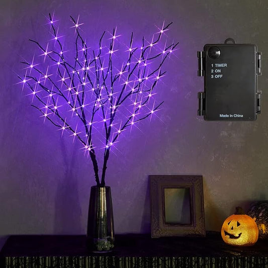 Fudios Halloween Lighted Branches with Timer 100 LED Purple Fairy Lights 32IN, Artificial Black Branch Lights for Halloween Battery Operated Home Decor Indoor Outdoor Use