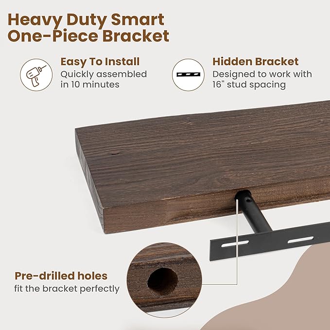 Floating Shelves for Wall Decor, Rustic Solid Elm Wood Floating Shelves Wall Mounted, Wall Shelves with Invisible Bracket for Living Room Bathroom Bedroom Kitchen, 24 Inch Set of 2, Walnut