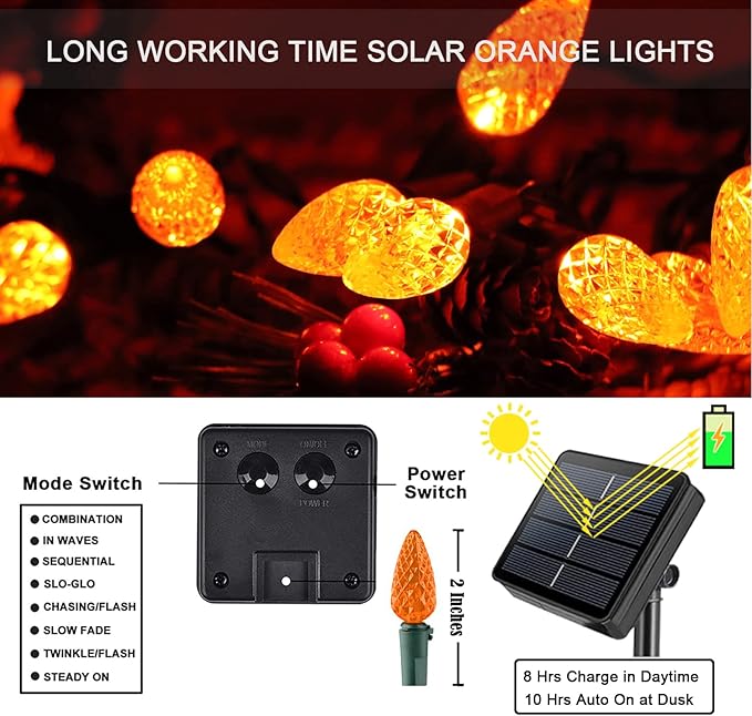 HUGSVIK 21Ft 50LED C6 Orange Lights for Halloween, 8 Mode Solar Halloween Lights Outdoor, Waterproof Solar Christmas Decorations for Halloween Thanksgiving Holiday Christmas Decor