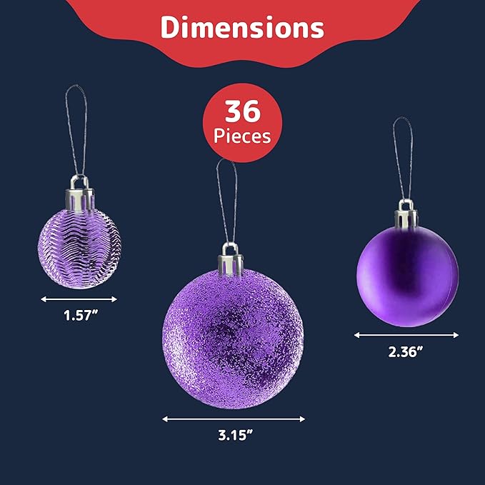 PREXTEX 36-Piece Purple Christmas Ornaments Set - Shatterproof Plum Colored Tree Balls - 6 Styles, 3 Sizes with Hanging Loops to Decorate Christmas Tree - Ideal for Indoor and Outdoor Holiday Decor