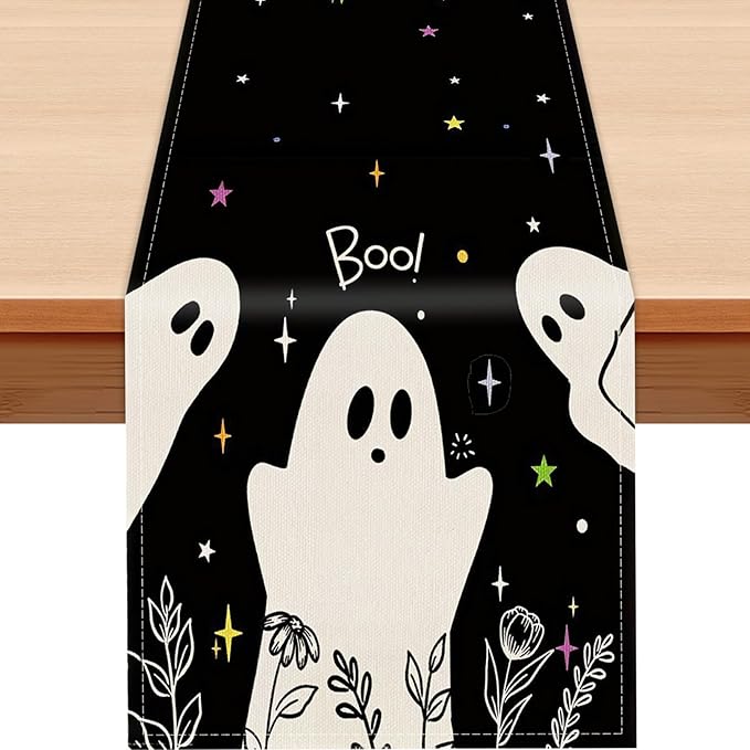 Halloween Black Table Runner Spooky Ghost Floral Boo Table Linen Runner Seasonal Holiday Kitchen Dining Table Decoration Halloween Decorations for Indoor Outdoor Home Party Decor 13x72 Inch