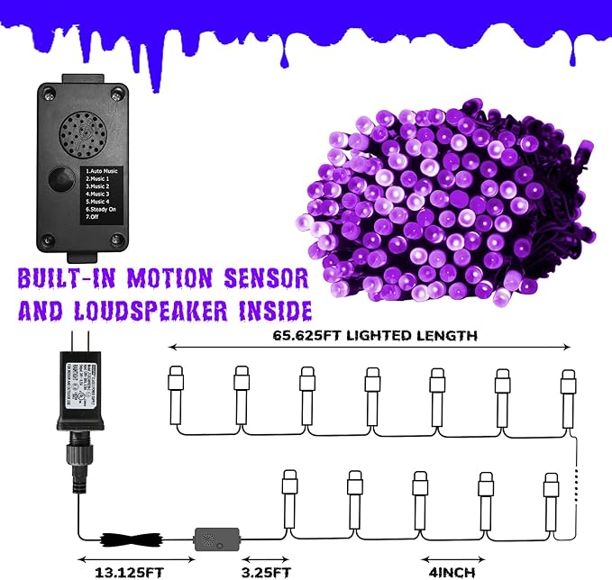PEIDUO Halloween Decorations Outdoor, 82 FT 200 LED Purple String Lights, Motion Sensor Controller Sync with Spooky Music, Twinkle Fairy Lights for Outside Indoor Party Bedroom Halloween Decor