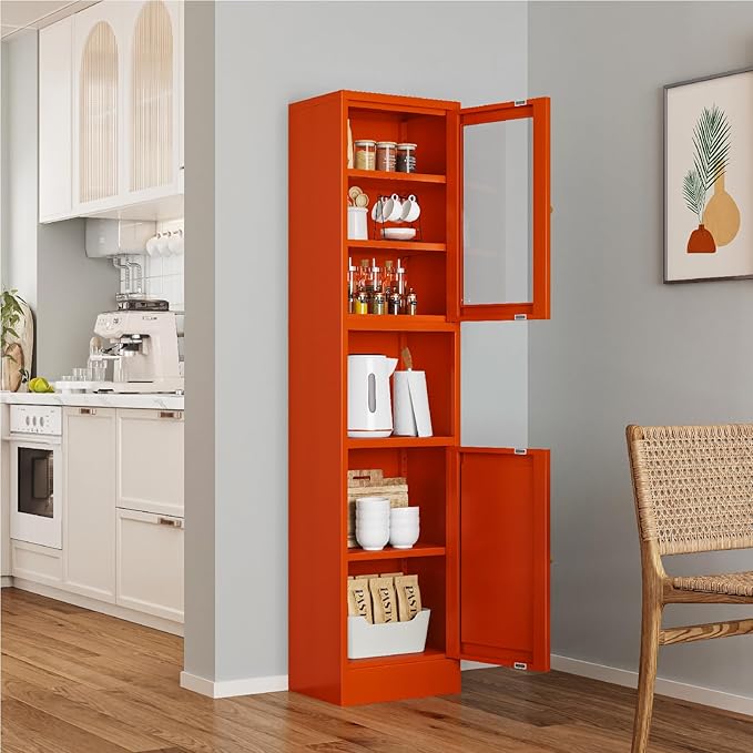 67" Tall Bathroom Storage Cabinet, Narrow Metal Floor Cabinet with Glass Door and Adjustable Shelves, Freestanding Metal Locker for Laundry, Kitchen, Dining Room
