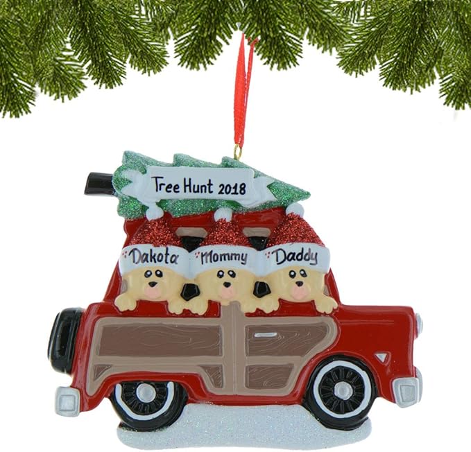 3D Road Trip Bears Family of 3 Ornament 2025 Personalized Family Christmas Ornaments 2025 | Snowy Tree Red Truck Personalized Tree Ornaments for Grandchildren, Siblings & Grandkids of Three Ornament