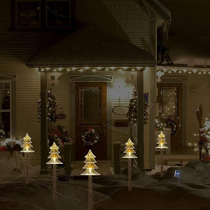 Christmas Solar Pathway Lights Outdoor Decorations，Xmas Tree Lights Waterproof Led Garden Stake Light for Walkway Yard Lawn Porch Holiday Decor 5-Pack (Small Tree, 5 Pack)