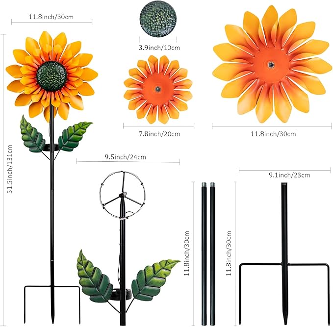Sunflower Solar Wind Spinner, 52" Metal Wind Spinner with Kinetic Wind Sculpture Windmills for Outdoor Lawn & Garden Patio Decoration