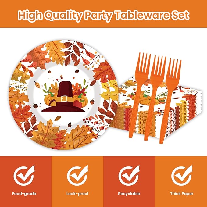 80pcs Fall Thanksgiving Paper Plates and Napkins Forks Dinner Cake Plates Autumn Leaves Pumpkin Party Decorations for Fall Thanksgiving Holiday Wedding Birthday,Serves 20 (Autumn)