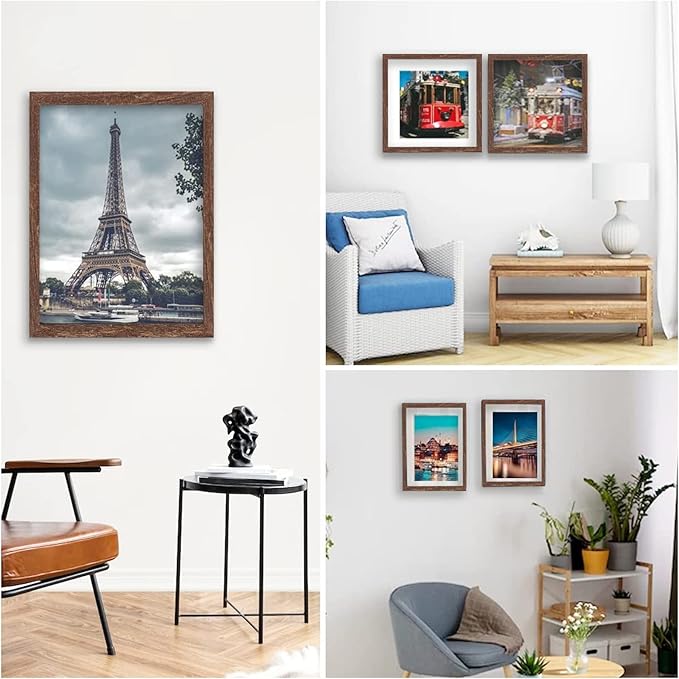 12x12 Picture Frame Set of 6, Display Pictures 8x8 with Mat or 12x12 Without Mat for Wall Mounting,Rustic Brown