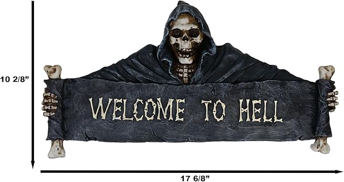 Ebros Large Grim Reaper Skeleton Opening Scroll Sign Of Bones Saying "Welcome To Hell" Wall Decor 17.5"Long Halloween Night Reaper Harvester of Souls 3D Hanging Art Plaque Sculpture
