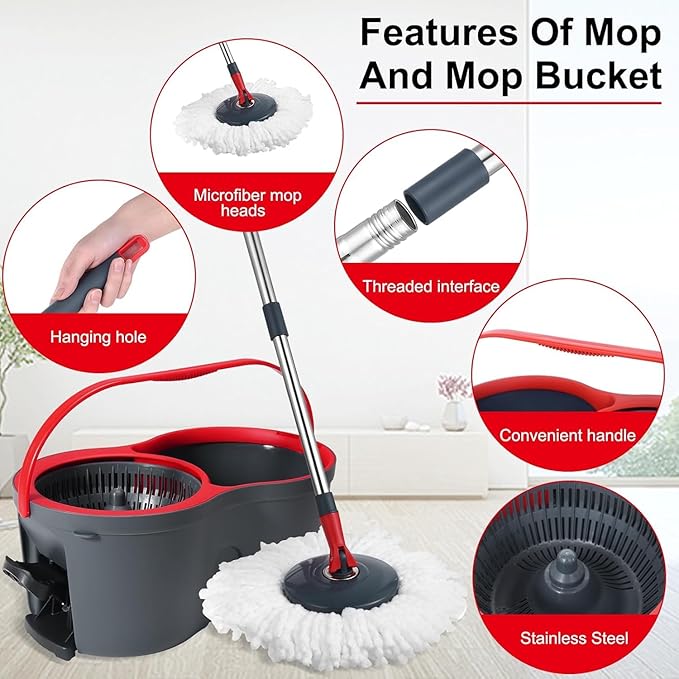 360° Spin Mop and Bucket Set Cleaning System,Mop and Bucket with Wringer Set for Home,Wet Dust Mop for Floor Cleaning with 4 Mop Heads