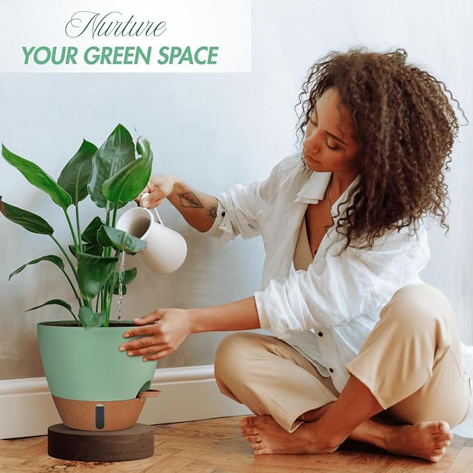 montresor 2 Pack 10 inch Plant Pots, PP Plastic Self Watering Planter with Drainage and Tray for Indoor Outdoor Plants, Water Level Window & Reservoir Flower Pots Decorative Planter (Green)