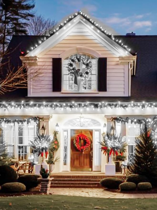 Cool White Solar Christmas Lights Outdoor Decorations Waterproof, Tatal 2 Pack 200LED 66FT Solar String Lights Green Wire with 8 Modes, Christmas Fairy Light for Xmas Tree Party Wedding Garden Decor