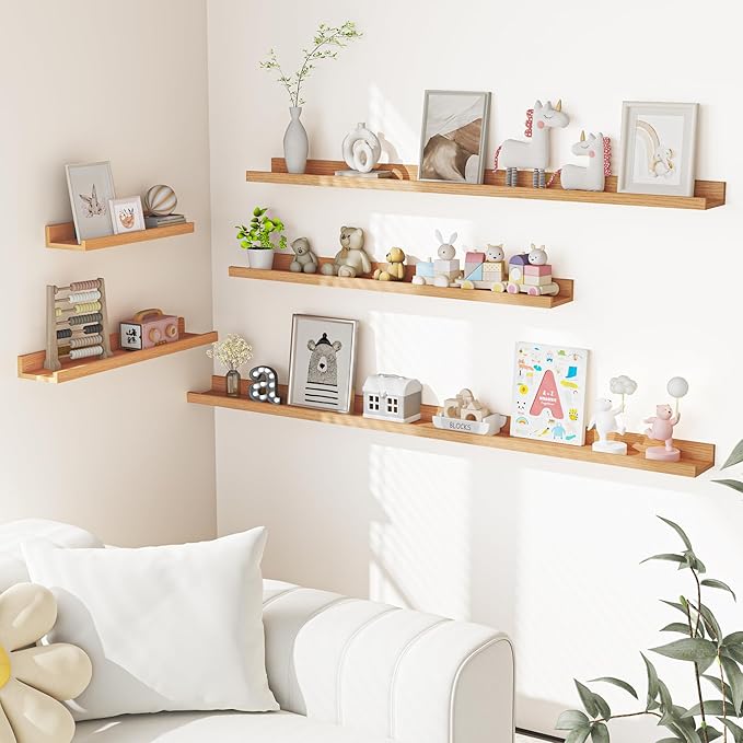 Heimlove Picture Ledge Shelf, Floating Shelves Set of 2, 48 Inches Picture Shelf for Wall with Ledge, Kids Bookshelf Wall Mounted for Living Room Bedroom Decor Books Photo Frames, Natural Oak