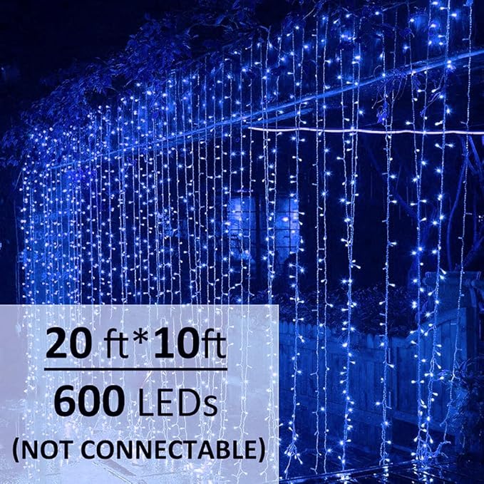 Solhice LED Curtain Lights Blue Outdoor 20ft x10ft, 600 LED Plug in Christmas Hanging String Lights Indoor, Twinkle Lights Backdrop for Backyard Wedding Bedroom Décor (Not Connectable)