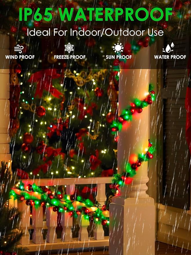 Red Green Solar Christmas Lights Outdoor Decorations Waterproof, Tatal 4 Pack 400LED 132FT Solar String Lights Green Wire with 8 Modes, Christmas Fairy Light for Xmas Tree Party Wedding Garden Decor