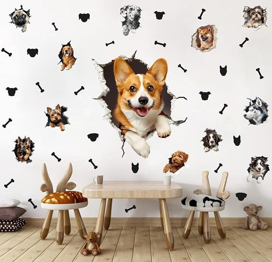 Large 3D Dogs Wall Stickers,Lovely Pet Dog with Bone Vinyl Wall Decals, Removable Dog Crack Hole Wall Art for Dogs Lover Bedroom Playroom Pet Shop Decor