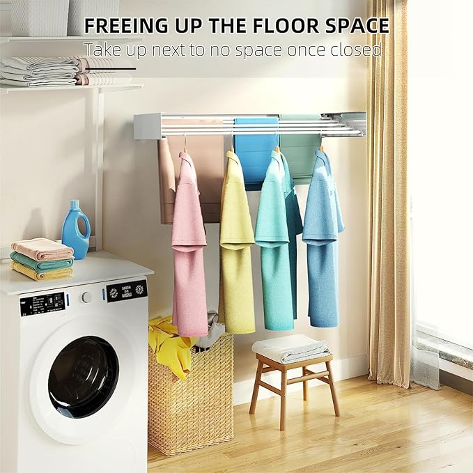 Laundry Drying Rack Collapsible, Wall Mounted Clothes Drying Rack, Space Saving Foldable Drying Rack for Laundry, 23.6" Wide, 11.2 Linear Ft, 4 Aluminum Rods, 60 lb Capacity