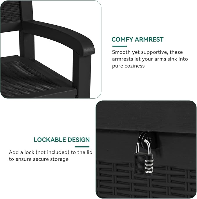 YITAHOME 70 Gallon Storage Bench Deck Box, Lockable Patio Bench, Waterproof Outdoor Pool Deck Storage for Patio Cushions, Garden Tools and Pool Supplies, Black