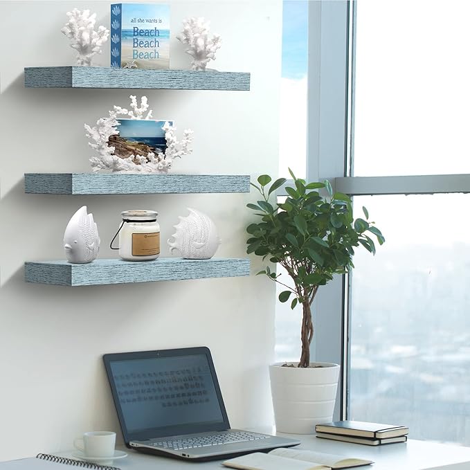 Sorbus Floating Shelves - 3 Pack 16 Inch Rustic Blue Wall Shelves for Bedroom, Kitchen, Living Room, Bathroom Shelves, Home Decor, Office - Floating Shelf for Trophies, Books, Frames, Toilet Paper