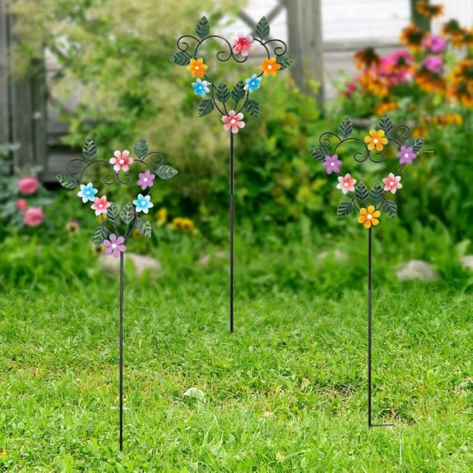 Metal Flowers Decorative Garden Stakes, 22.1 ''H Heart Shape Metal Flowers for Outside Yard Art Garden Stakes,Spring Outdoor Decor Housewarming Present for Women Mom Grandma