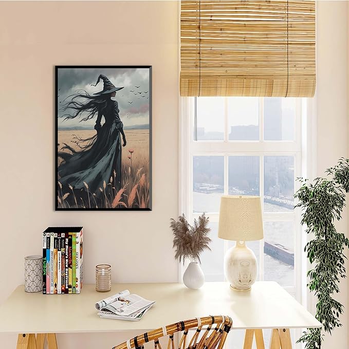 JFHCQJPK Gothic Decor Canvas Wall Art Witch in Rice Field Halloween Art Decor Print Nature Print Victorian Home Bedroom20x30in Metal blackFramed