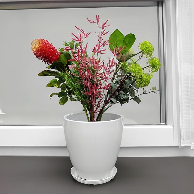 FixtureDisplays® 9.8" Diameter 11" Tall White Plant Pots, Plastic Flower Pots with Drainage Holes and Saucers for Indoor and Outdoor 15747-NF