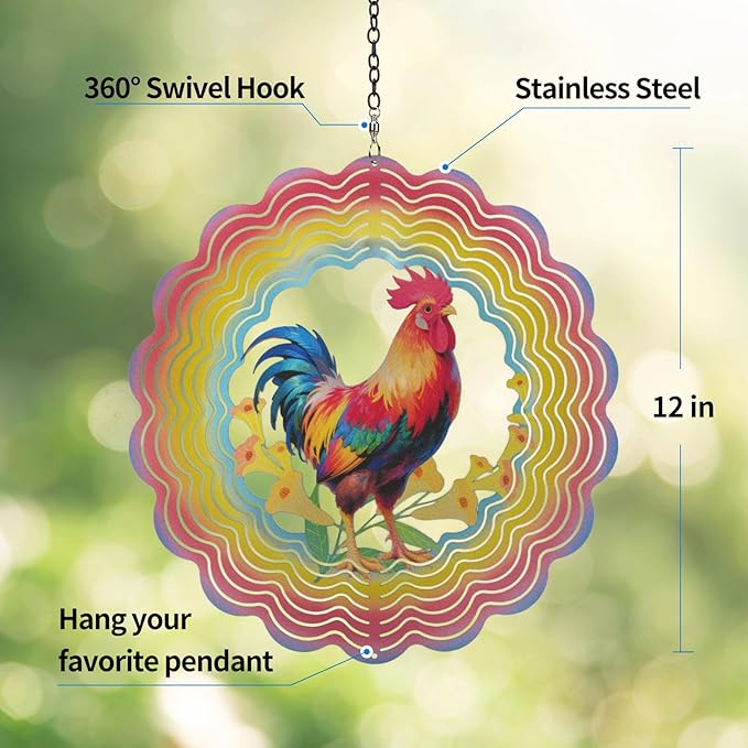 Wind Spinners Outdoor Chicken Decorations - Birthday Gifts for Women Mom Grandma, Rooster Deocr Hanging Wind Spinner 12 inch 3D Wind Sculptures for Garden Decor for Outside, Patio, Yard, Outdoor