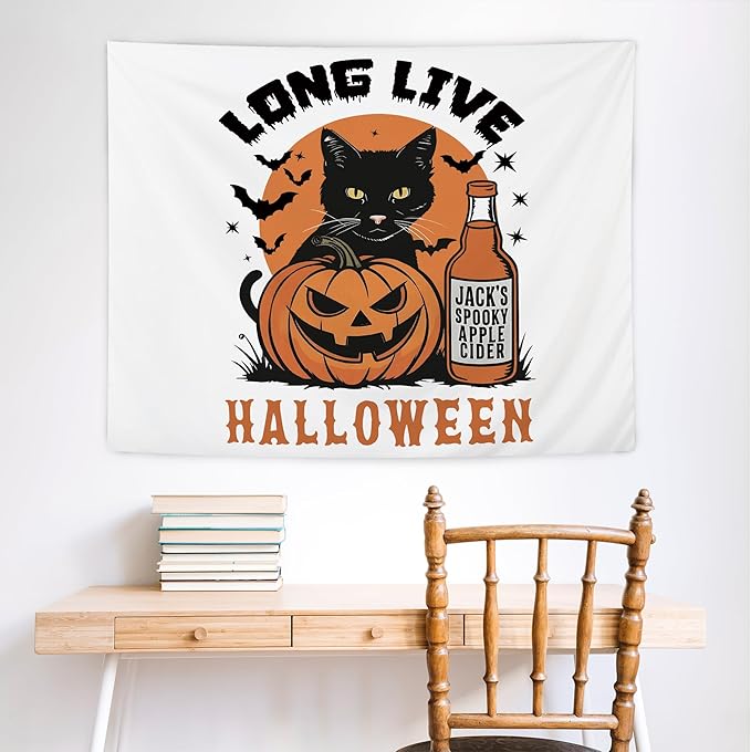 NATSUNO Halloween Tapestry, Long Live Halloween Wall Tapestry for Bedroom, Trendy Black Cat Pumpkin Apple Cider and Bats Tapestries Wall Hanging for Home Living Room Decor, 50x60 Inches