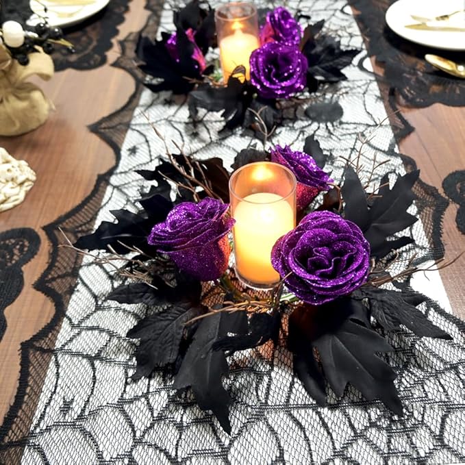 2pcs 11.8" Halloween Candle Rings Wreaths Artificial Glitter Purple Roses Dead Branches Black Leaves Candle Rings Holder Halloween Mini Wreaths for Table Centerpiece Home Dinner Table Christmas Decor