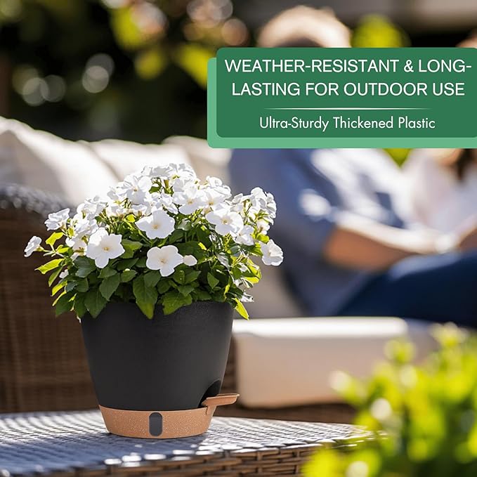 montresor 2 Pack 8 inch Plant Pots, PP Plastic Self Watering Plant Pot with Drainage and Tray for Indoor Outdoor Plants, Water Level Window & Reservoir Flower Pots Decorative Planter (Black)