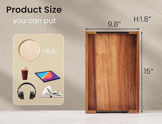 Acacia Wood Serving Tray with Metal Handles,15x10in Ottoman Decorative Trays Platter for Coffee Table,Living Room,Bar,Party(Medium)