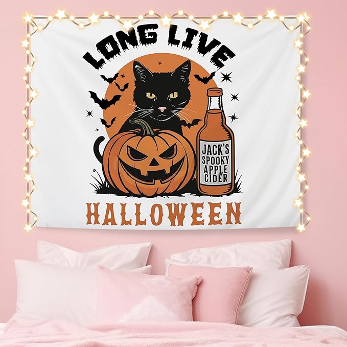 NATSUNO Halloween Tapestry, Long Live Halloween Wall Tapestry for Bedroom, Trendy Black Cat Pumpkin Apple Cider and Bats Tapestries Wall Hanging for Home Living Room Decor, 50x60 Inches