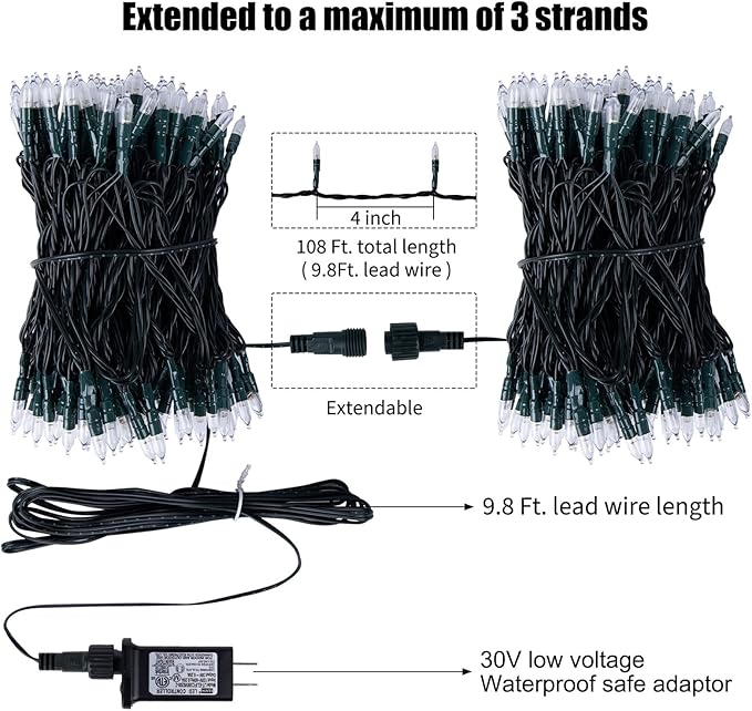 LED Christmas Mini Lights, 108 Feet 300 LED Clear Bulbs String Lights with 8 Light Modes, Connectable Fairy Lights Plug in for Outdoor Xmas Trees Garland Wreath Holiday Decorations, Warm White