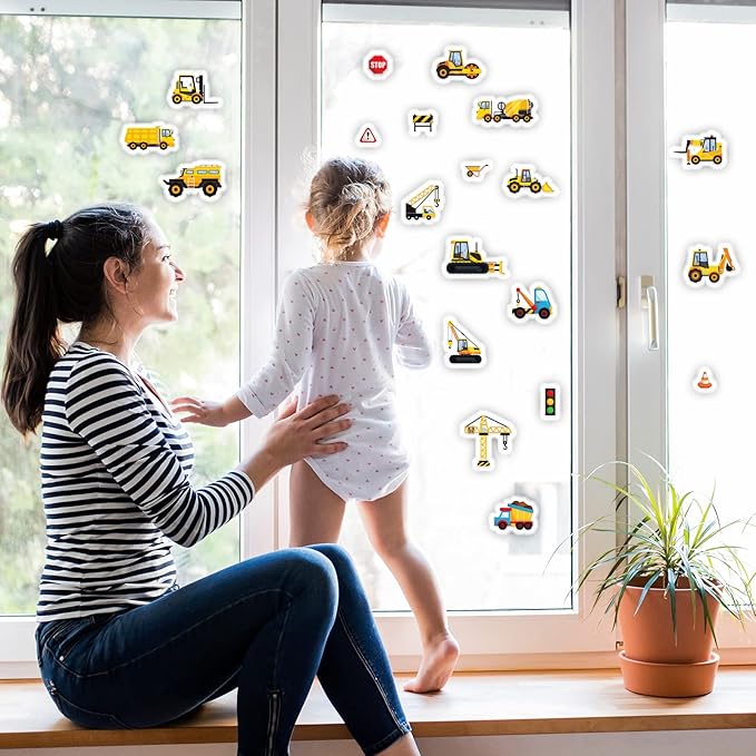 Tevxj Construction Vinyl Gel Clings, 20 Pcs Yellow & Black Transportation Stickers for Kids, Reusable Wall & Window Decor, Airplane, Truck Decals, Party Supplies