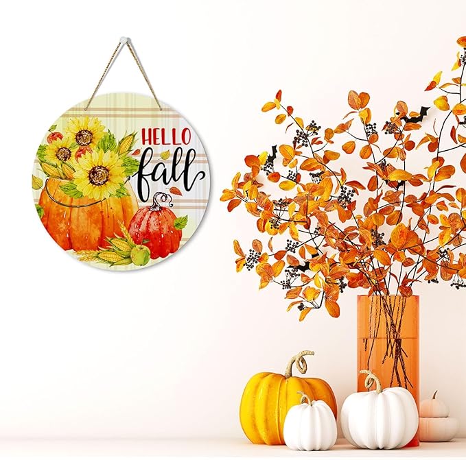 MIGUMUTU Rustic Farmhouse Fall Signs Door Wall Hanging Decor, Fall Home Decor, Fall Room Decor, Hello Fall Sign Sunflowers Wall Decor Decoration for Home Office Bedroom 12 X 12 Inch