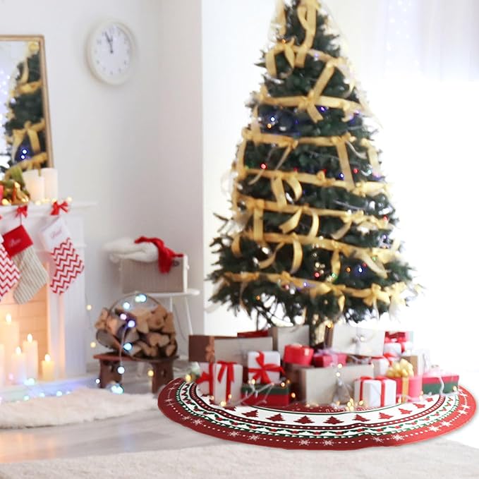 Christmas Tree Skirt 48 Inches, Red and Green Xmas Tree Mat with Winter Snowflake for Christmas Decorations Holiday Party Indoor Outdoor Home Decor (Red and Green)