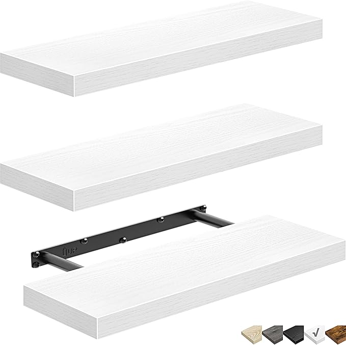 QEEIG Floating Shelves for Wall Bathroom Shelf Bedroom Kitchen Living Room Hanging Book Shelves Small Farmhouse Decor 16 inch Set of 3, White (015-W3)