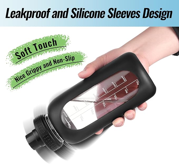 64 oz Glass Water Bottle With Straw and Handle, Half Gallon Sports Motivational Water Jug Flask with Silicone Sleeve, Large Water Cup with Time Marker for Travel, Gym, Sage