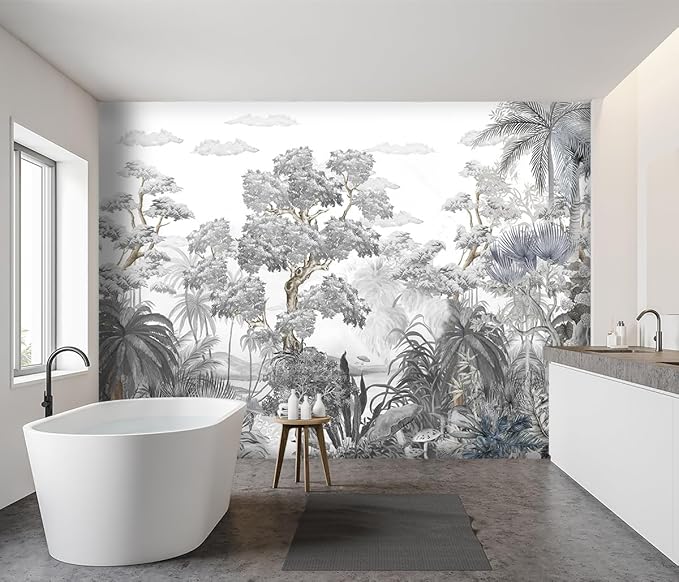 '-Tropical Rainforest Botanical Grey Jungle Forest Fabric Wallpaper Living Room Palm Leaf Plant Bedroom Bathroom Wall Mural- 91"x65"（ not Peel and Stick）