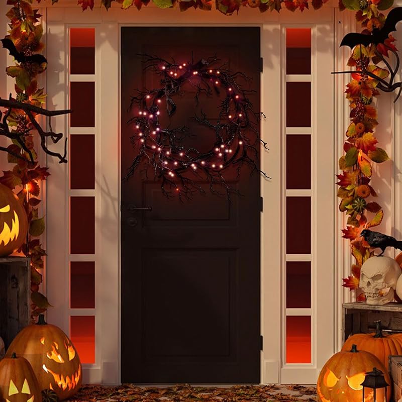 Halloween Black Branch Wreath Signs for Front Door with Red Lights,Handcrafted Halloween Horror Wreath for Indoor Outdoor Party Window Wall Decor Farmhouse Garland Yard