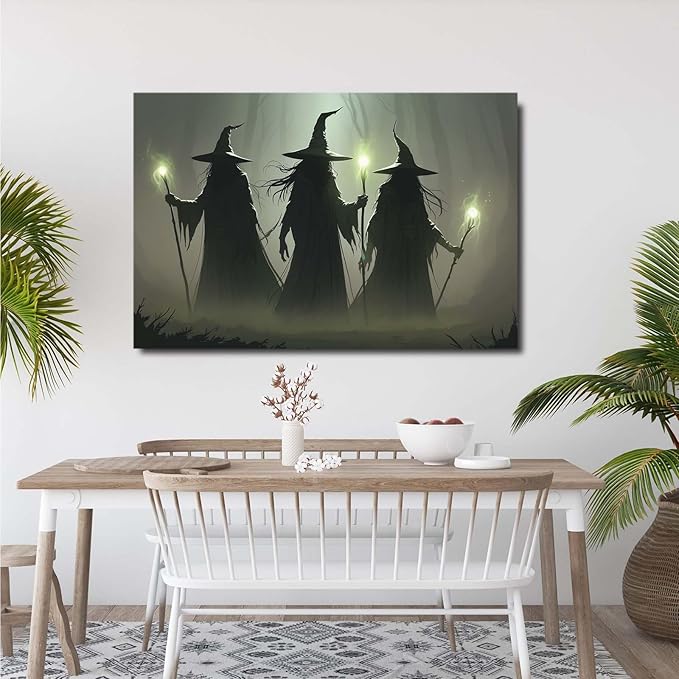 Vintage 3 witches canvas wall decor melancholy dark Halloween poster wall decor holding a staff print Gothic horror Halloween painting print for living room bedroom28x40in Wood Framed