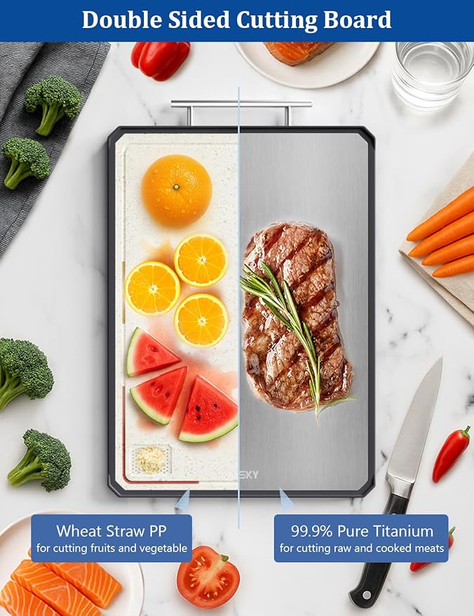 Titanium Cutting Boards for Kitchen, 2 in 1 Titanium Cutting Boards with JUICE GROOVE, Metal Chopping Board for Meat/Vegetables, Pure Titanium&Wheat Straw PP, Food-Grade, Dishwasher Safe16.3”×11”-1 PC