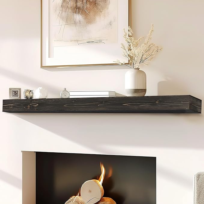 72x8x3 Fireplace Mantel - Handcrafted Hollow Rustic Solid Wood Wall Mounted Floating Shelf with Invisible Heavy Duty Wood Bracket (Weathered Black)